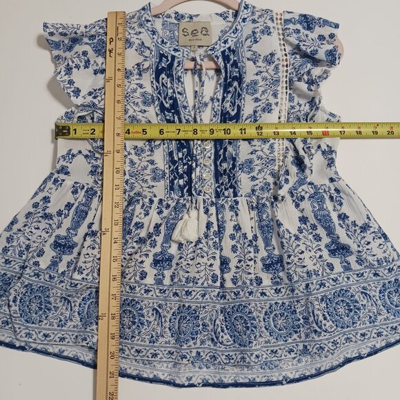 Sea New York Blue White Floral Ruffle Top Size 2 Tassel Tie Babydoll - Picture 9 of 9